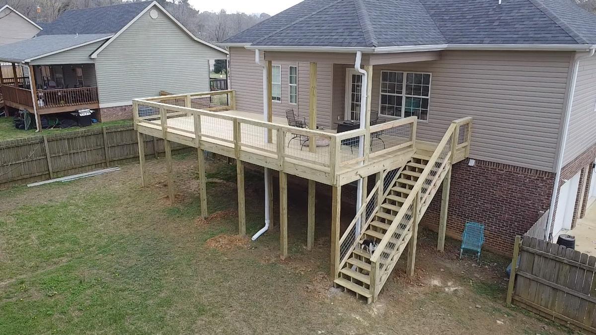 Aerial view of a finished deck built by Redbone Woodworks